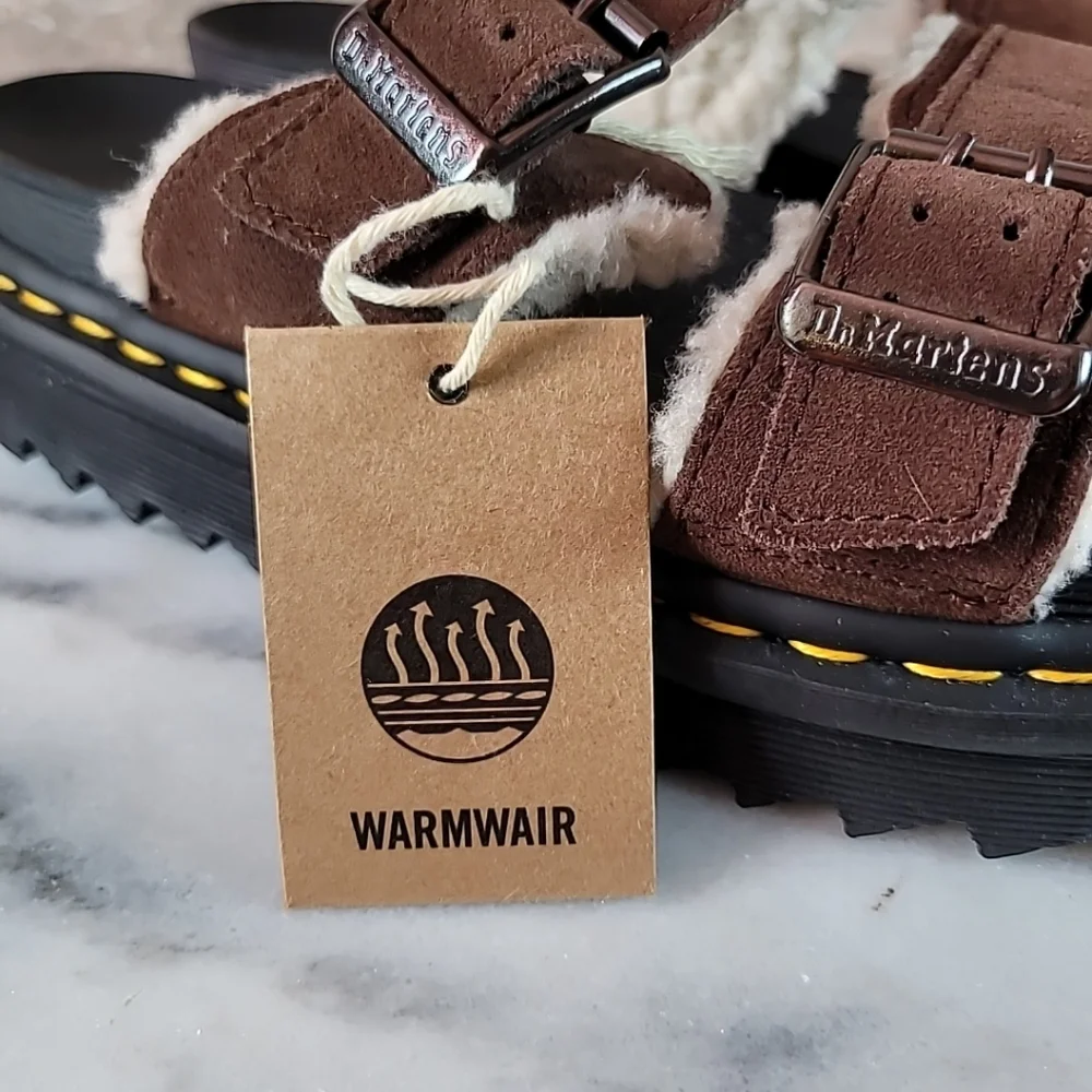 Dr. Martens Myles Fur Lined Buckle Slide Sandals Dark Brown Suede Men’s 9